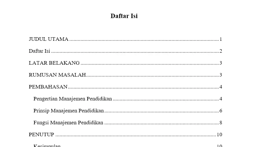 contoh hasil daftar isi di word